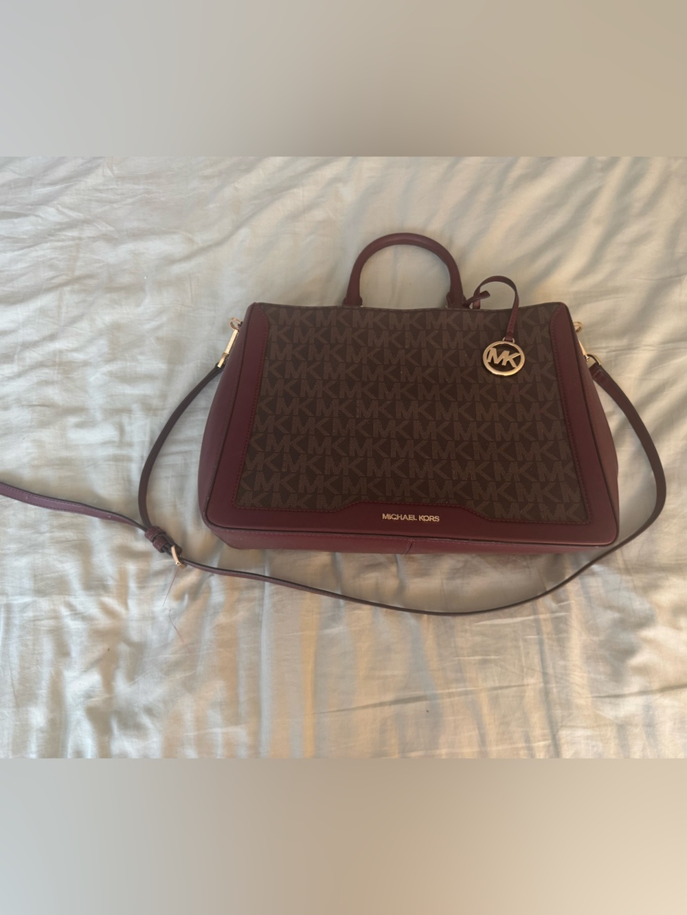 Michael Kors Burgundy and Brown Logo Handbag with Gold Hardware